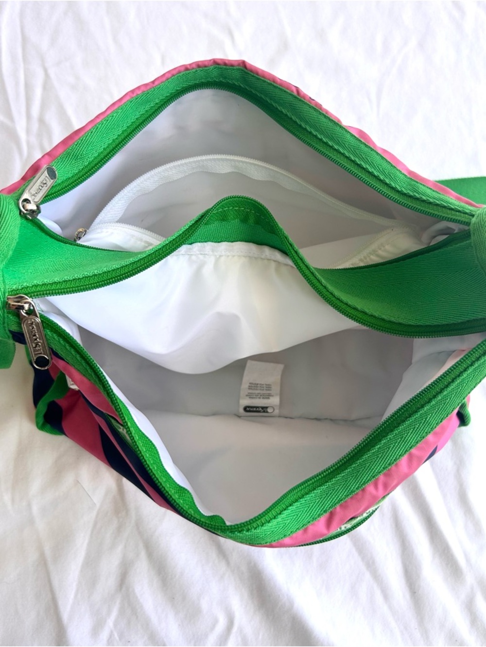 LeSportsac Green Crossbody with Pink and Navy Stripes - Picture 8 of 12